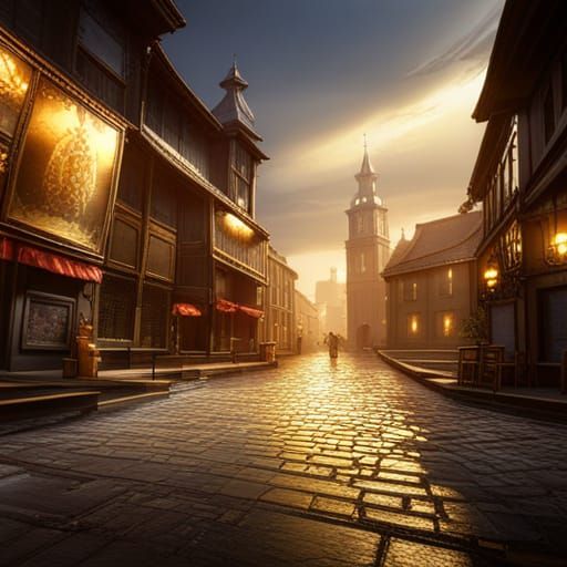 Golden Street in Detailed Fantasy Art Style