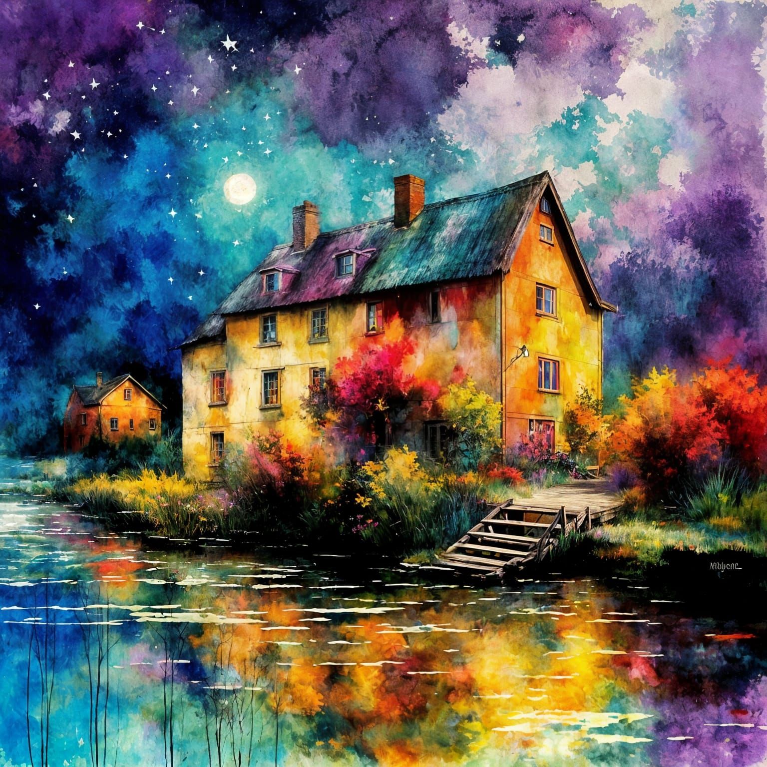 Thatched Cottage by Moonlit Lake in Vibrant Colors