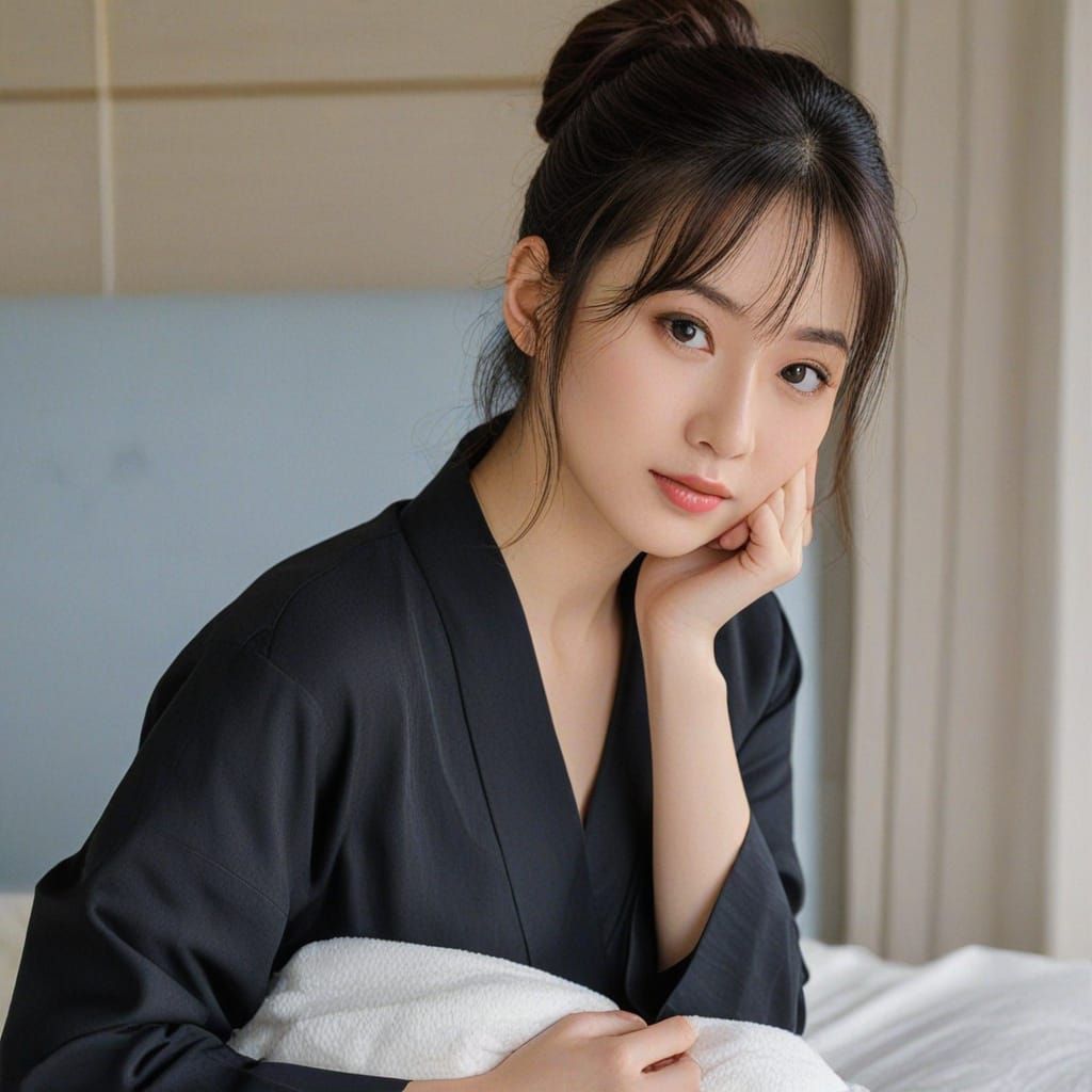 Erotic Japanese Woman in Lingerie, Seductive Pose