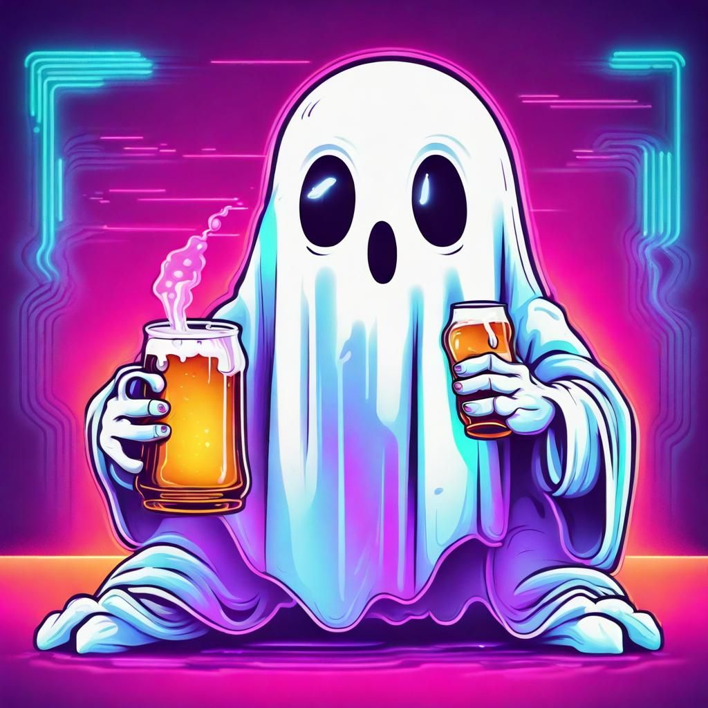 Cute Ghost Drinks Beer in Synthwave Neon Style