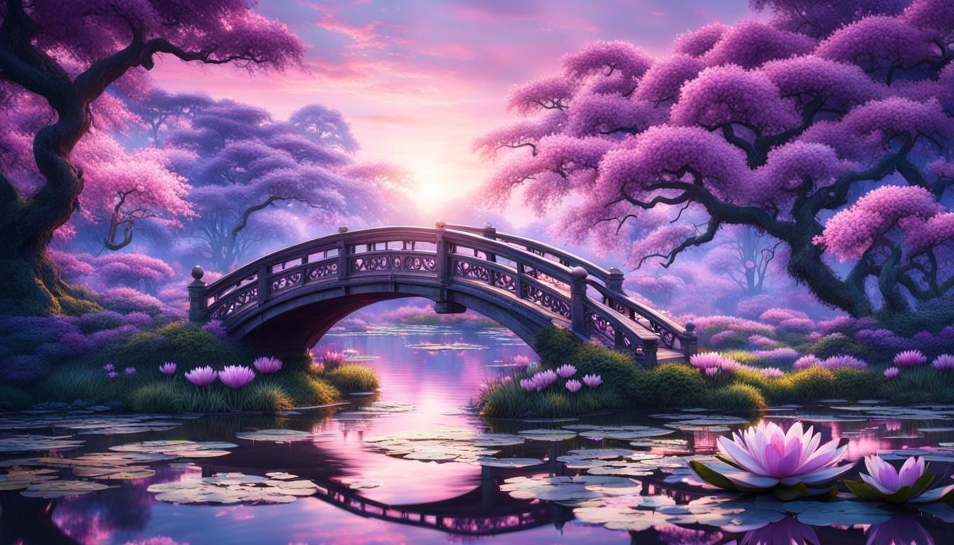 Waterlily Pond and Cherry Blossoms at Sunset