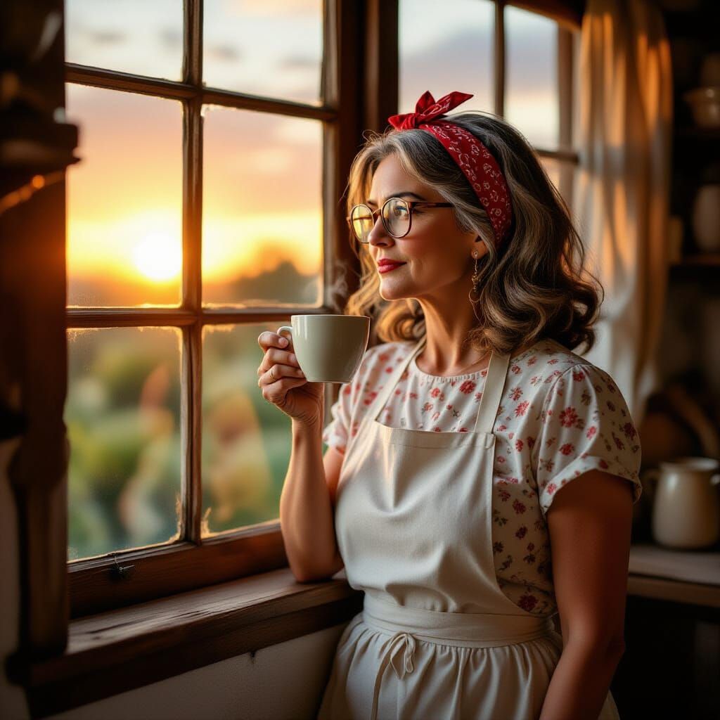 Woman Sips Coffee at Rustic Kitchen Window at Dawn