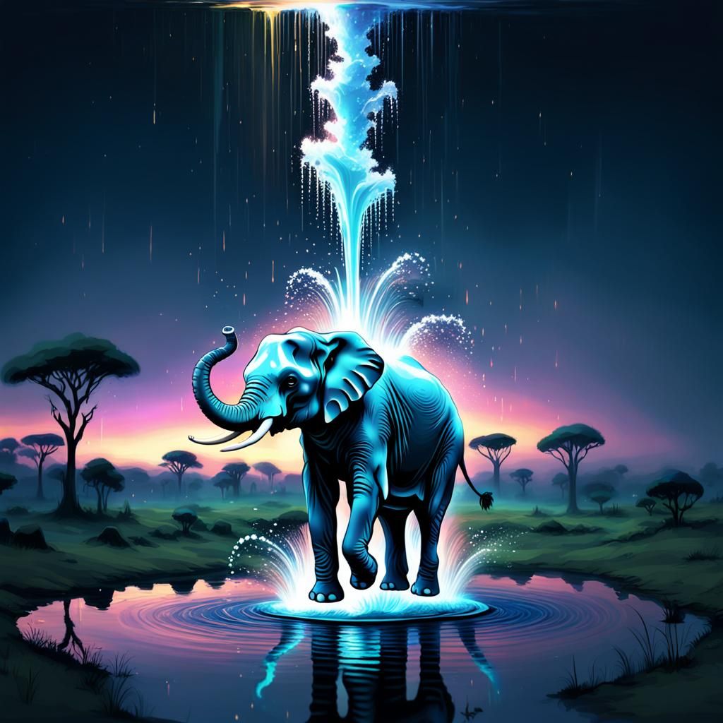 Elephant Spraying Water: Expressionist Splash Art