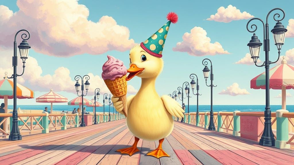 Whimsical Duck Enjoys Colorful Treat on Sunny Beach Boardwal...