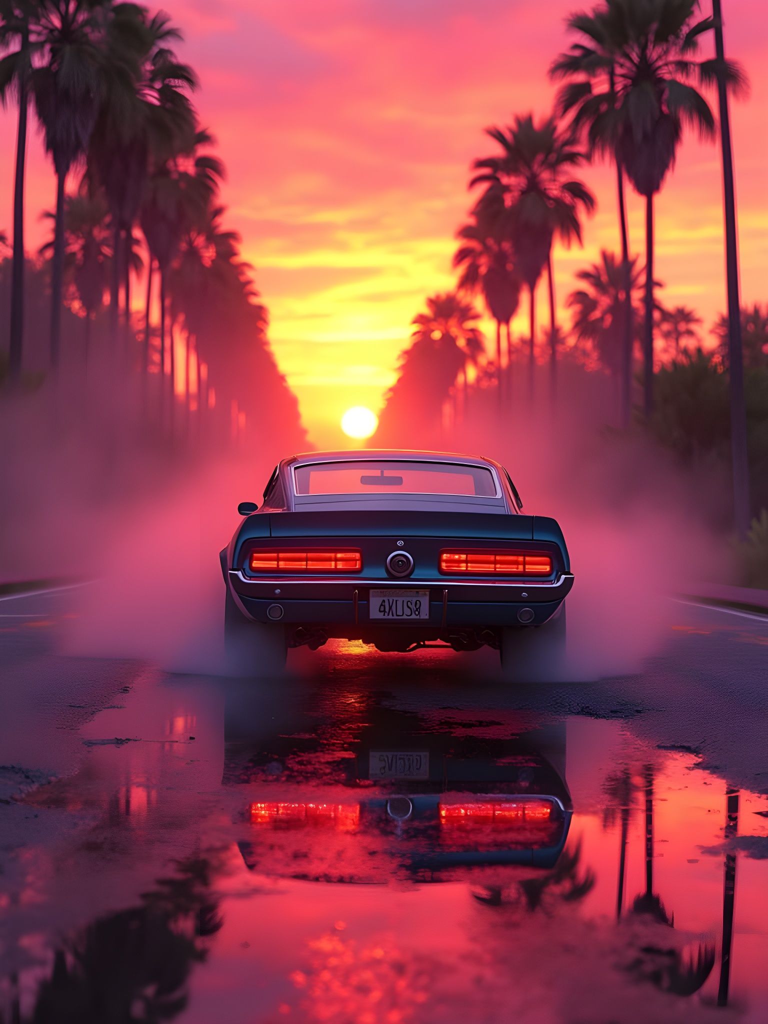 Electric Dreamscape Mustang Cruises Under Sunset