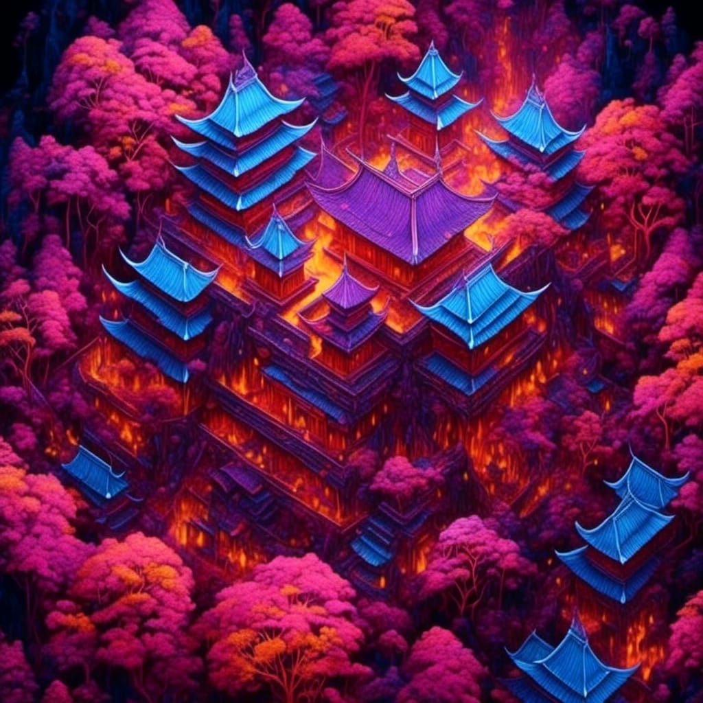 Asian Temple in Rainforest Bird's Eye View