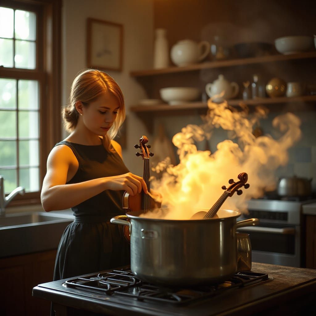 Surreal Scene: Woman Boiling Violins in Golden Hour Light