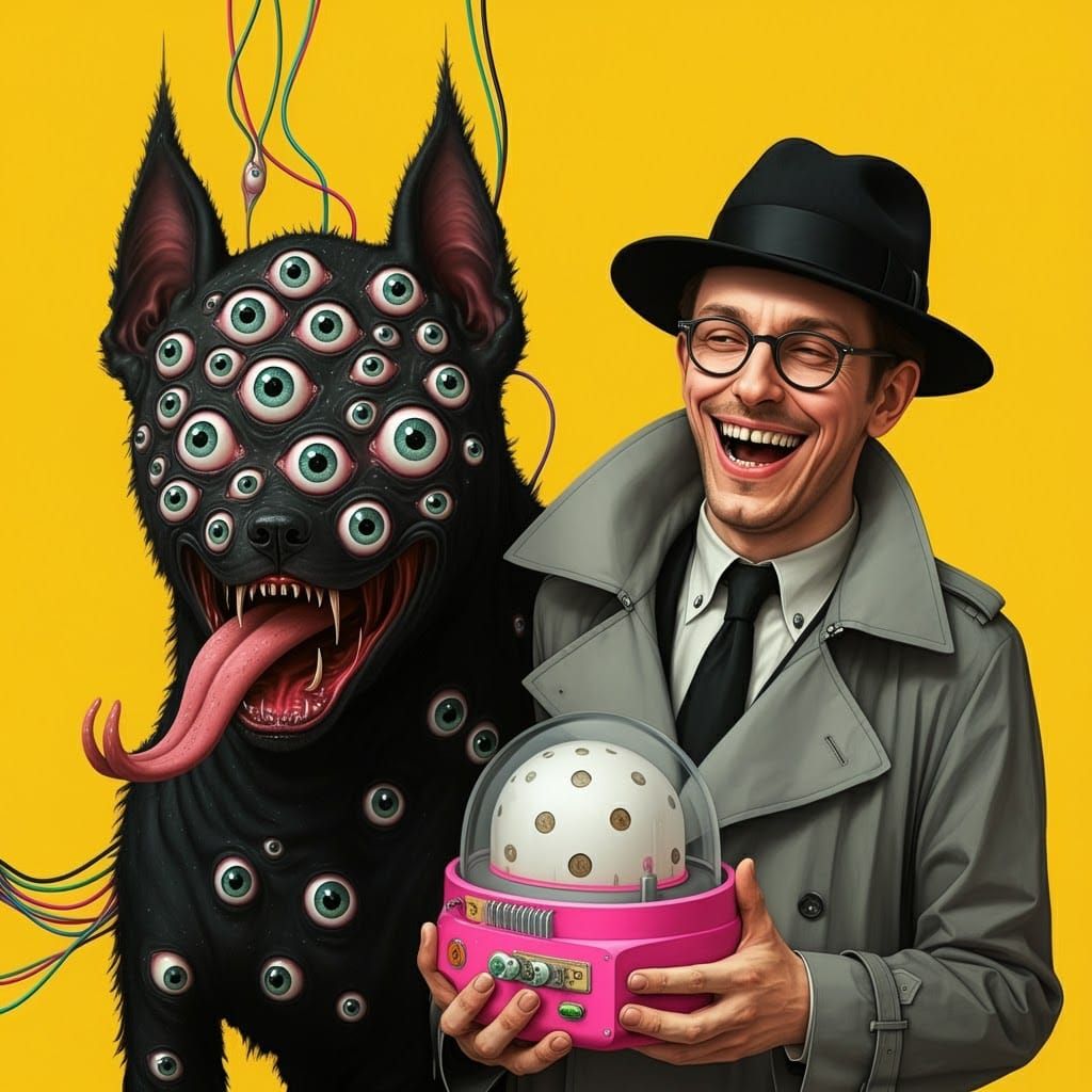Surreal Multi-Eyed Dog and Laughing Man