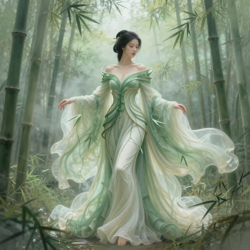 Woman in Majestic Bamboo-Inspired Gown in Misty Forest