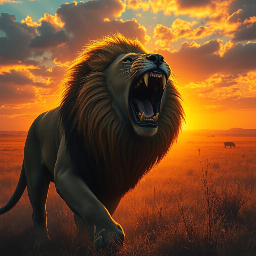 Fierce Lion Roaring in Savannah Sunset