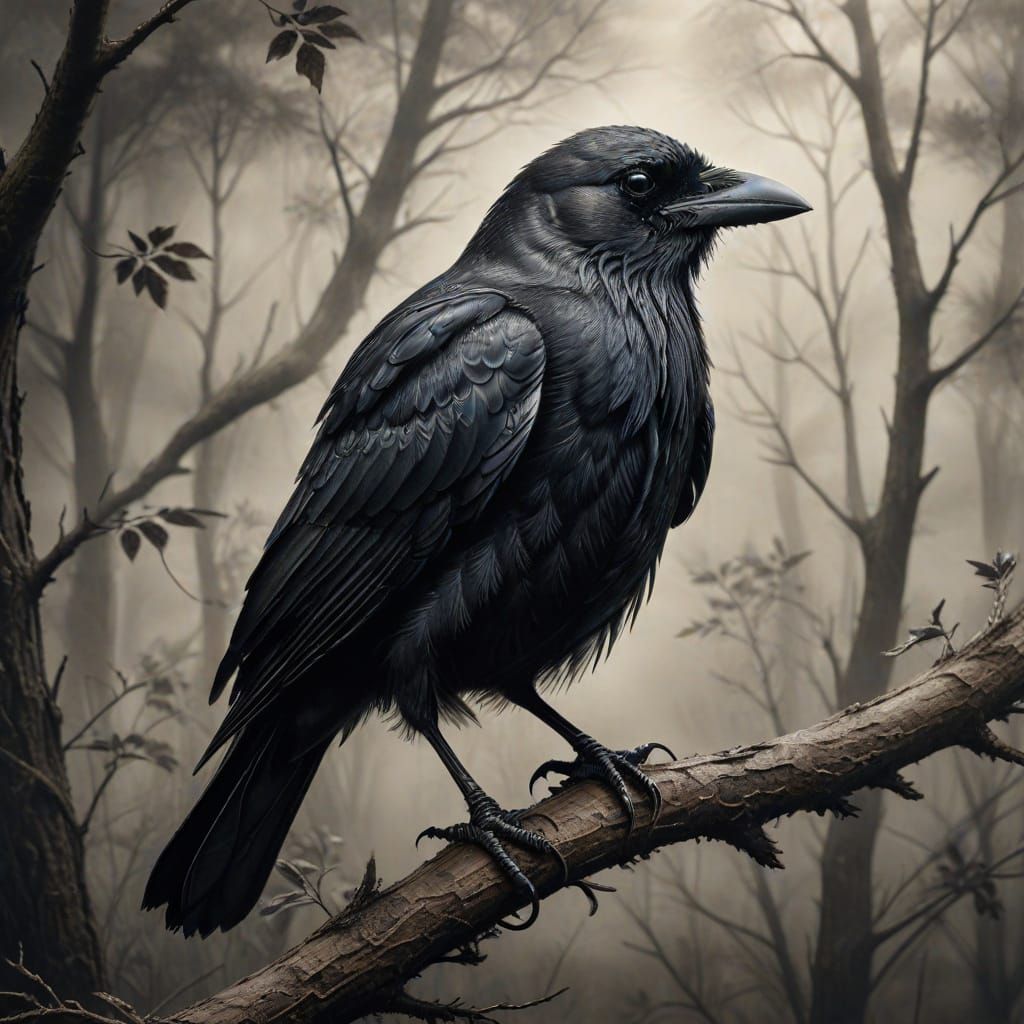 Surreal Crow Portrait in Charcoal and Pyrography