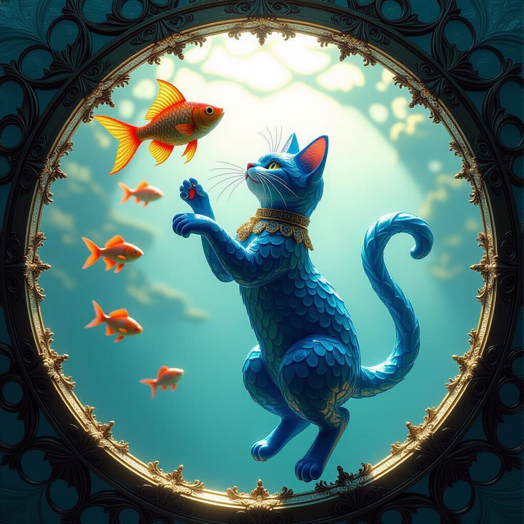 Glass Cat Catching Fish: Fantasycore Digital Art