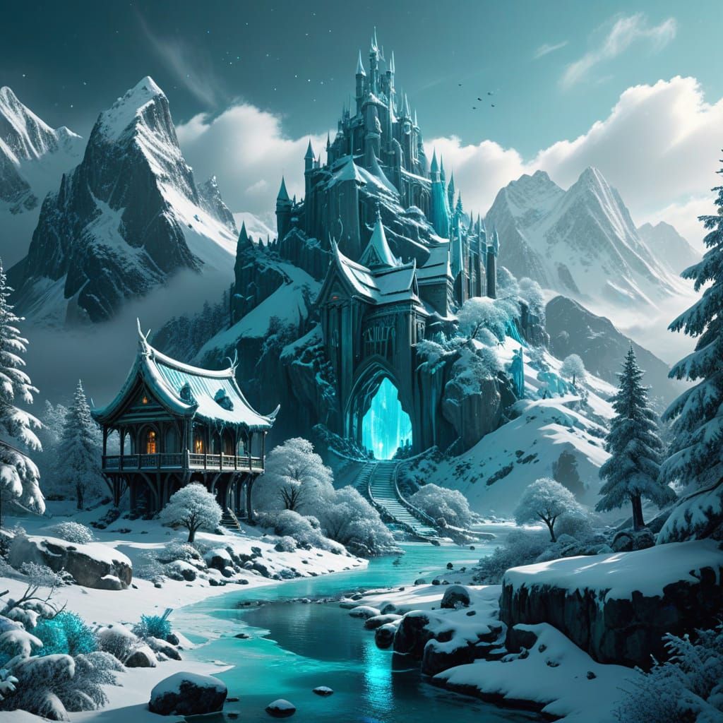 Winter Utopia in Vibrant Cyan and Turquoise