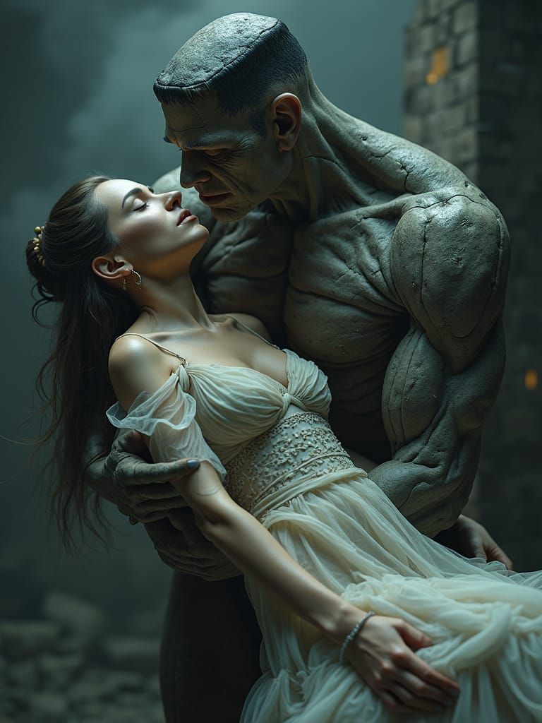 Gentle Giant Cradles Beautiful Woman in Hyperrealistic, Cine...