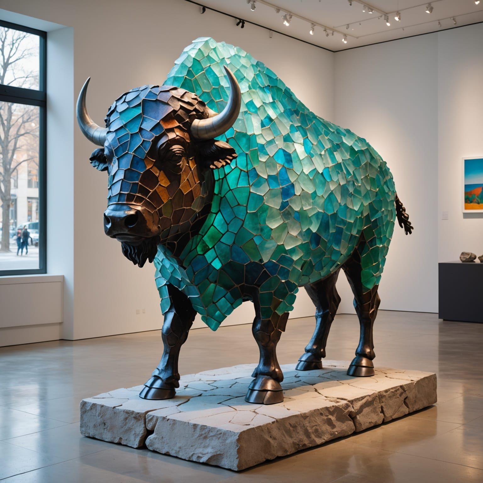 Hyper-Photographic Buffalo Sculpture of Sea Glass and Tin