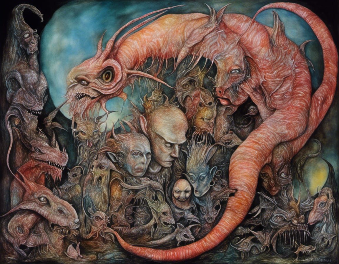 Surreal Tattooed Albino Contortionist Dragon Creature