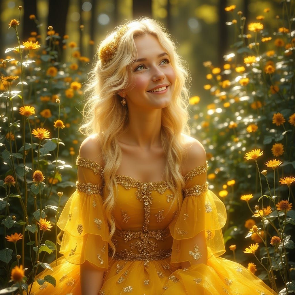 Golden Honey Child in Floral Oasis