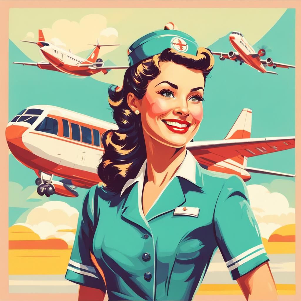 Smiling Pin-Up Flight Attendant in Pastel Colors