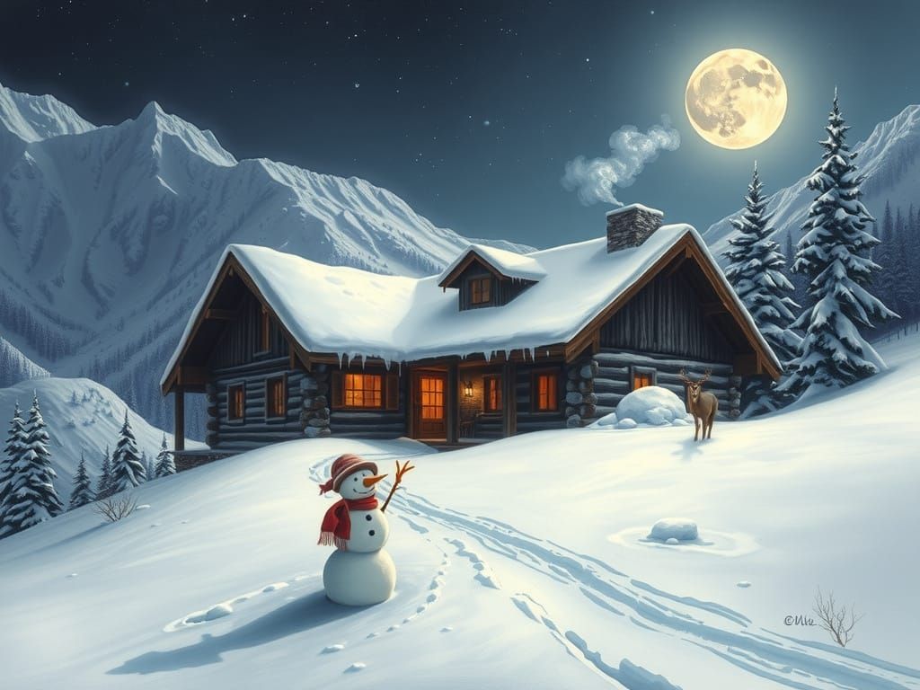 Winter Mountain Cabin Scene in Astral Illustration Style