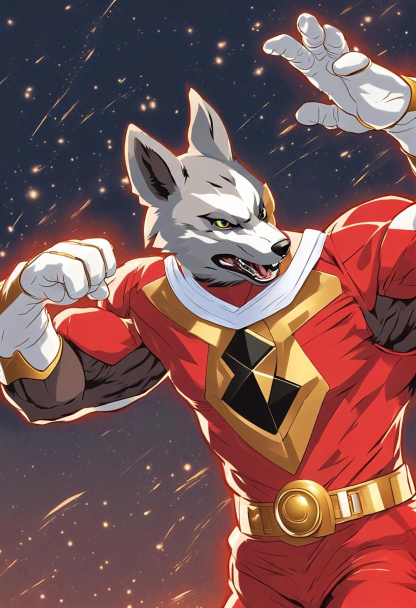 Muscular Anthro Wolf in Red Power Ranger Jumpsuit