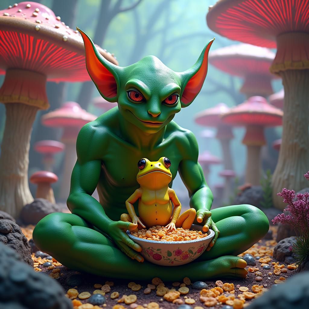 Green Elf and Frog Enjoying Cereal