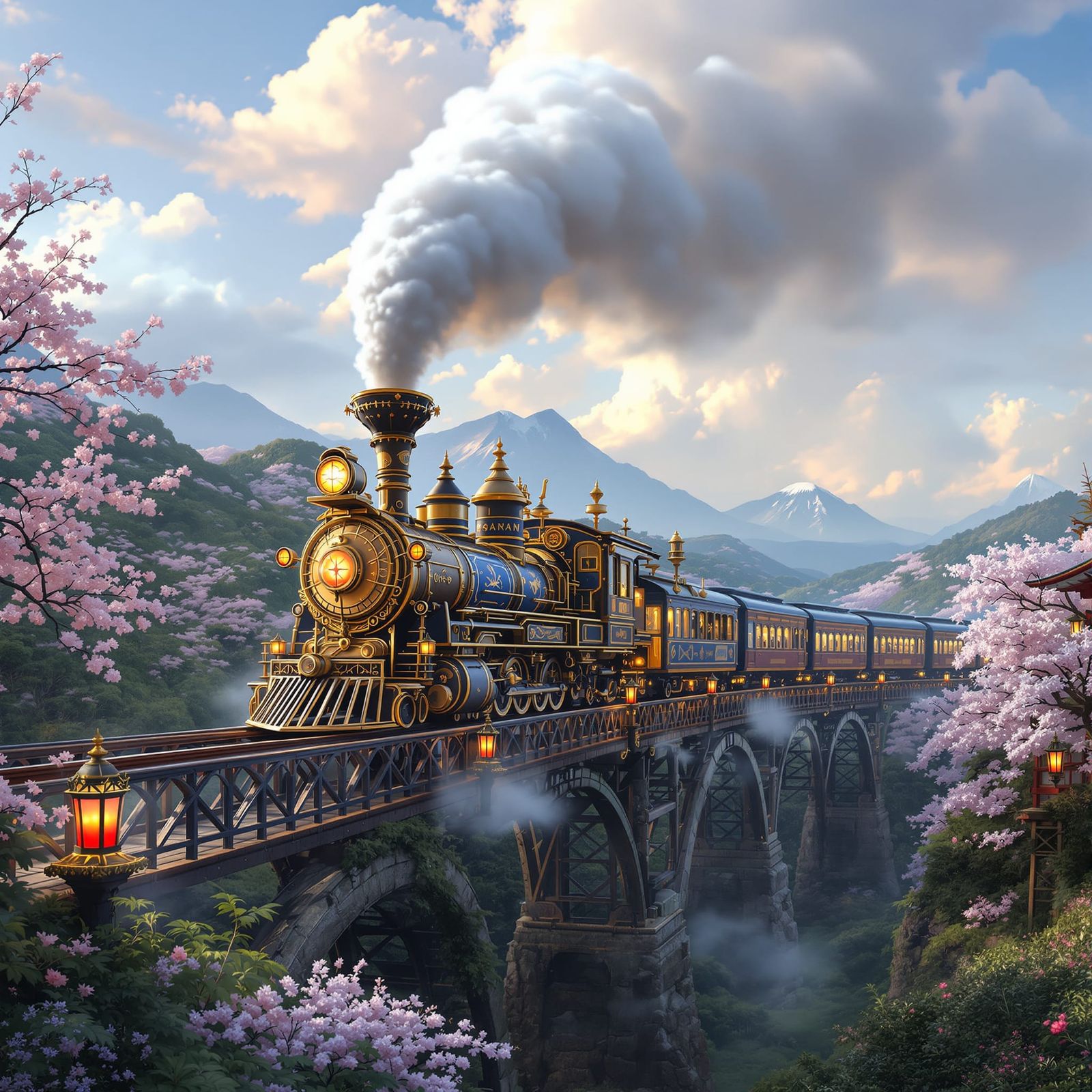 Steampunk Train with Japanese Motifs Crosses Rural Bridge
