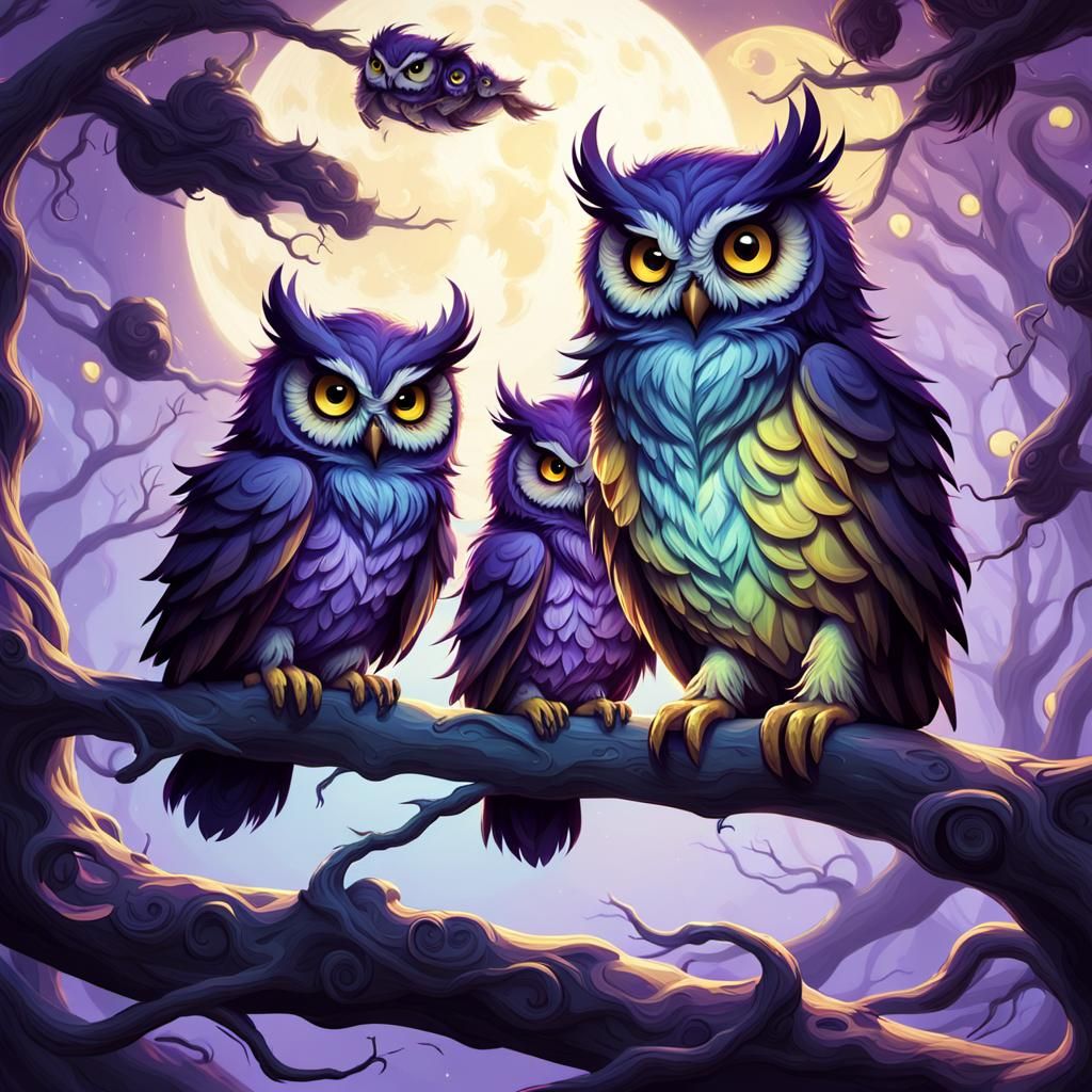 Colorful Owls on Branch in Dark Fantasy Style