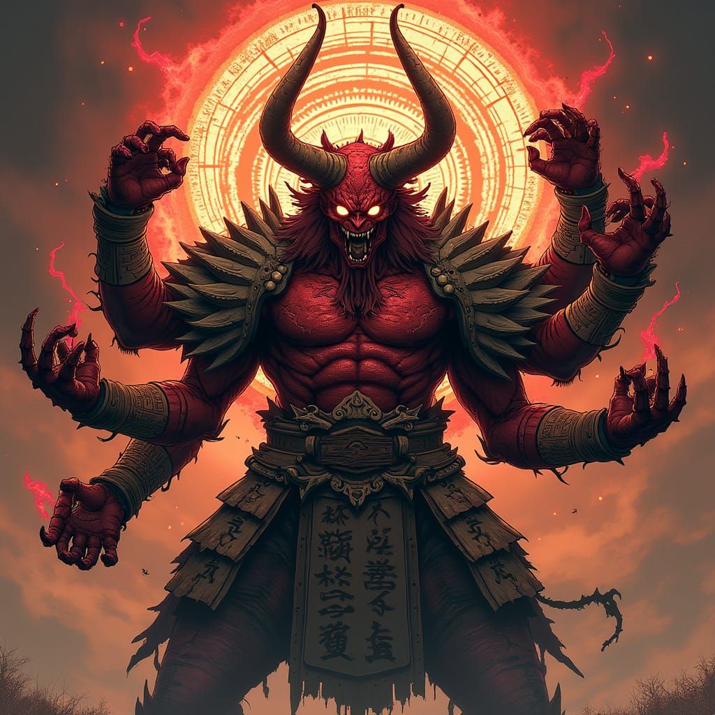 Majestic Crimson Oni Lord in Ancient Samurai Armor
