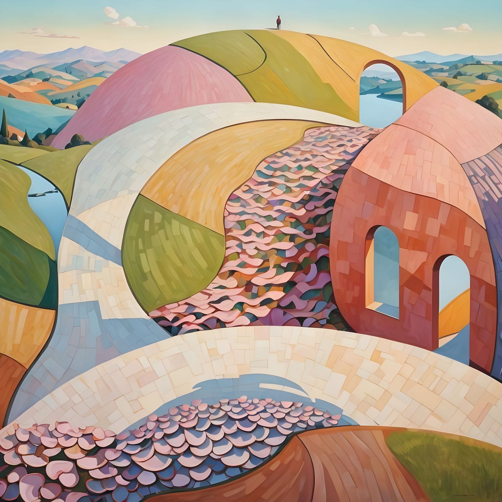 Dreamlike Landscape with Impossible Geometry and Water Lilie...