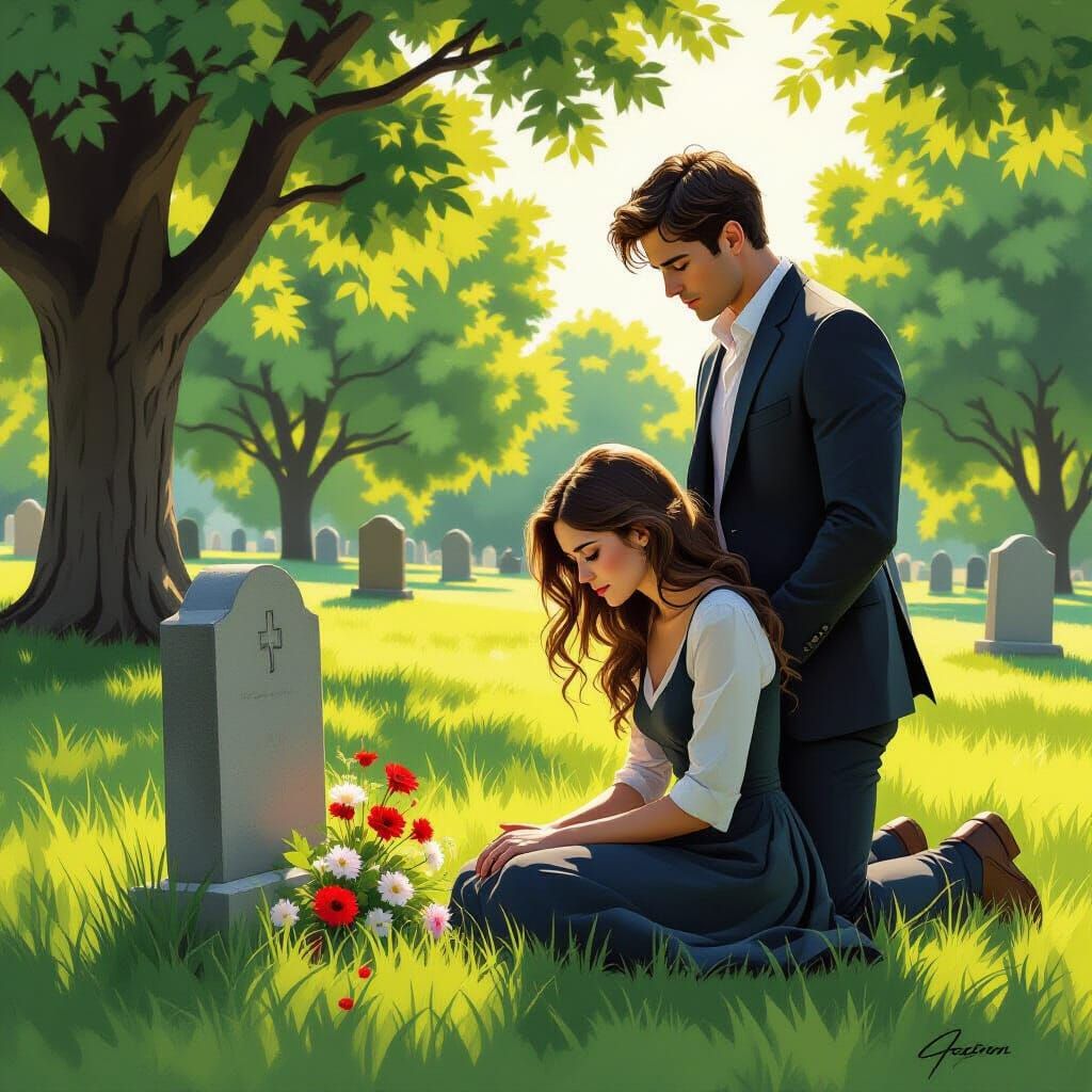 Grieving Couple at Graveside in Expressive Style