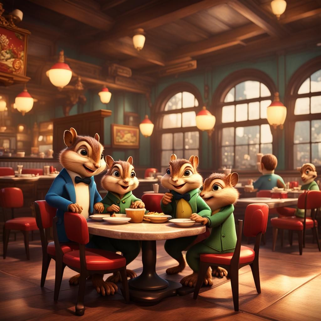 Chipmunk Family at Restaurant in Pixar Style 3D Cartoon