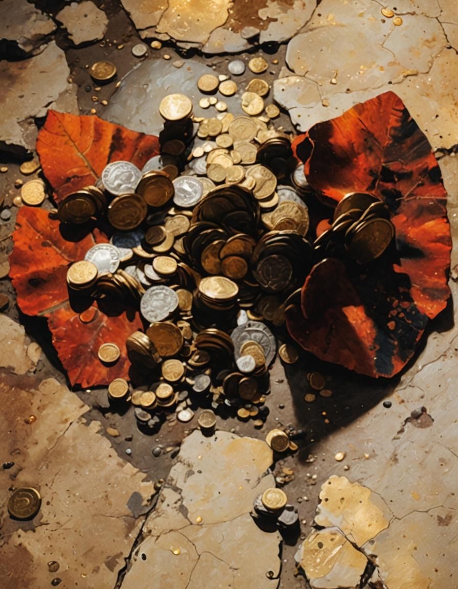 Golden Coins on Stone Floor in Rembrandt Style