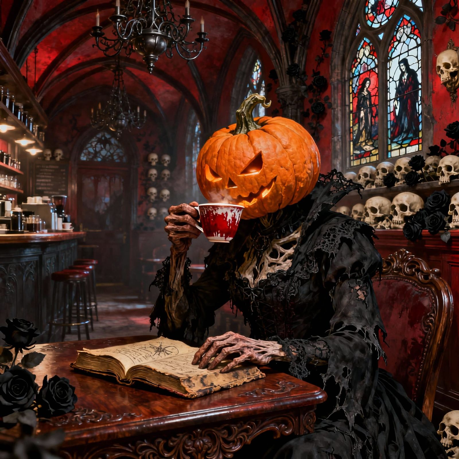 pumpkin witch Drinking coffee in an Extravagant gothic coffe...