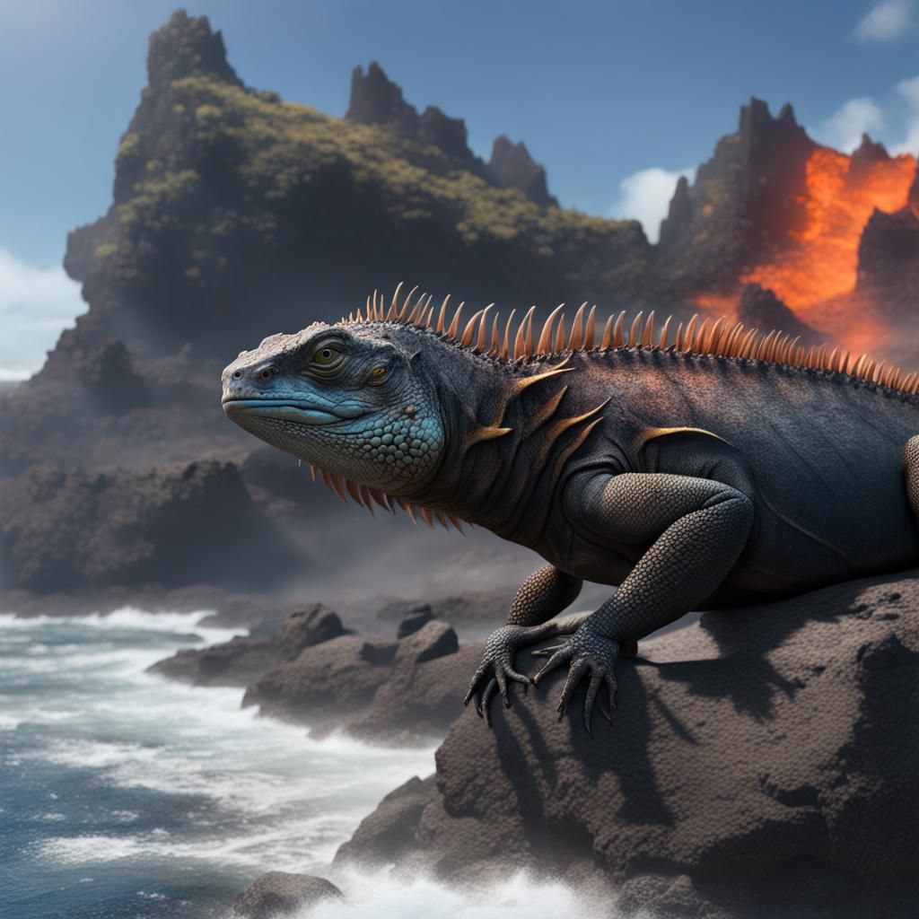 Marine Iguanas Basking on Volcanic Rocks in Matte Painting