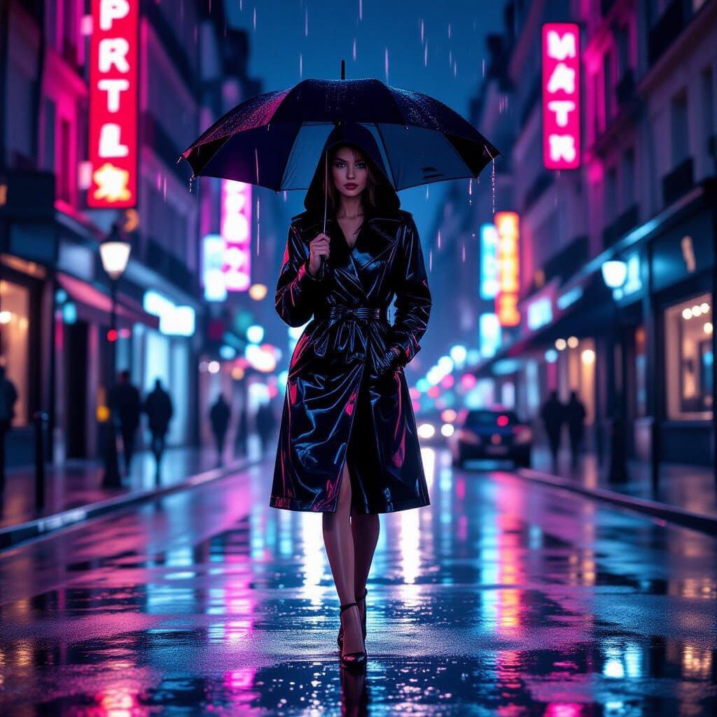 Parisian Night: Woman in Rain, Photorealistic Style