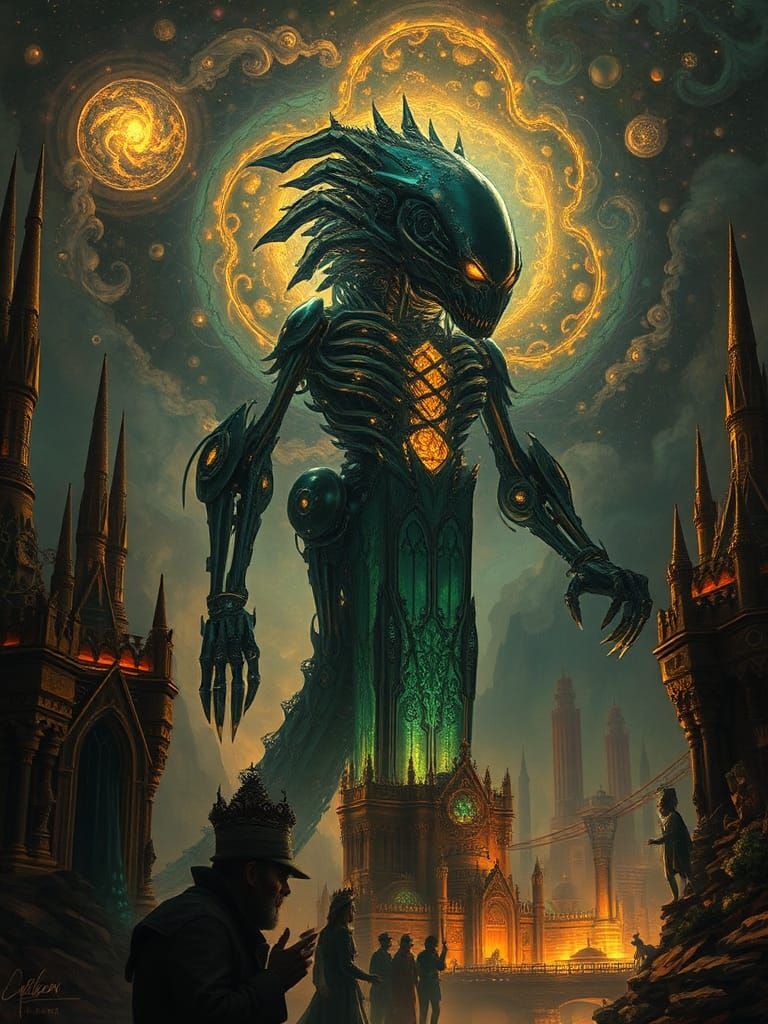 Biomechanical Gothic Terminator in Dieselpunk Landscape