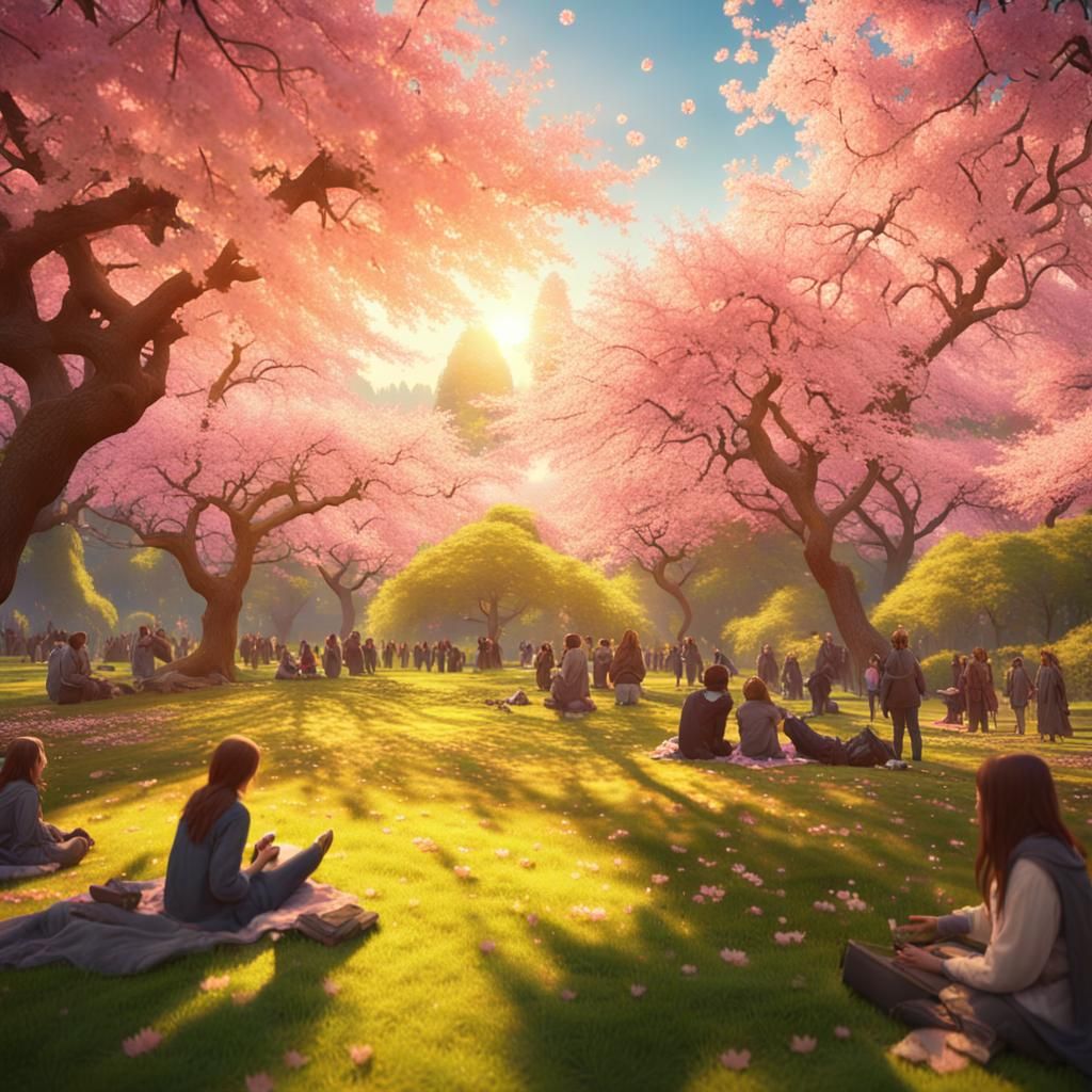 Cherry Blossom Garden in Bierstadt Style