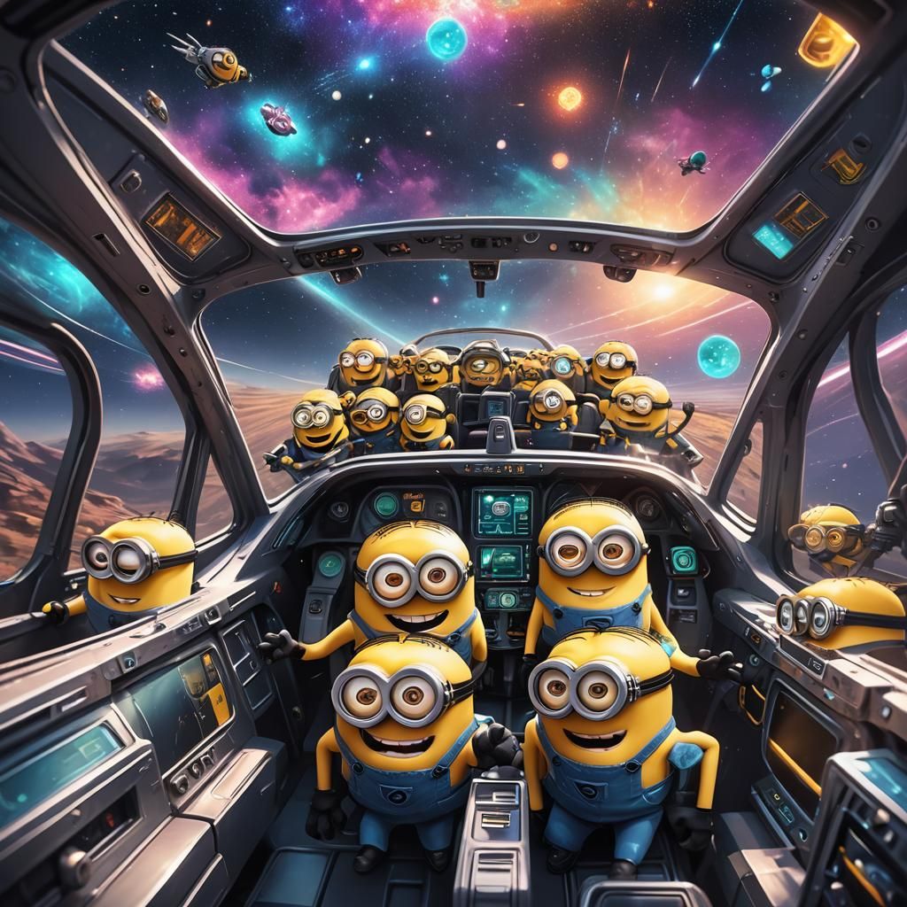 Minions in Starship Cockpit: Whimsical Futuristic Art