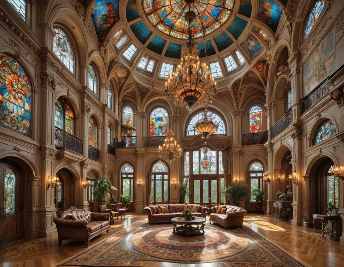 Elegant Mansion Interior with Stained Glass Windows