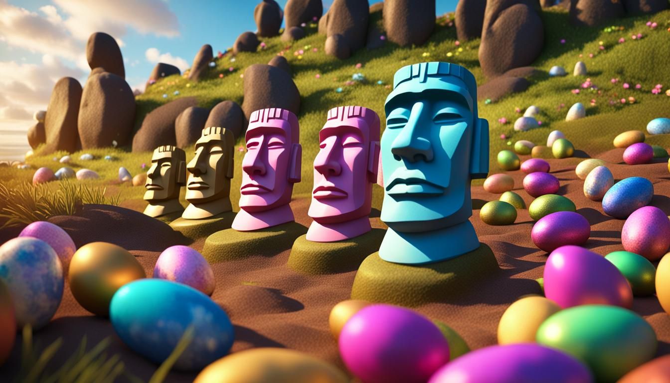 Easter Egg Moai Statues on Island in Golden Hour