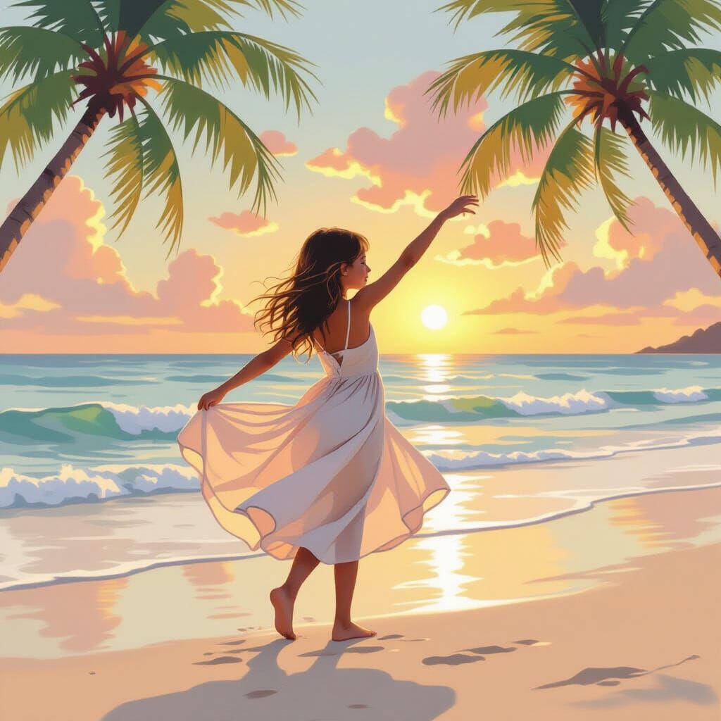 Girl Dancing on Beach in Dadaist Airbrush Style