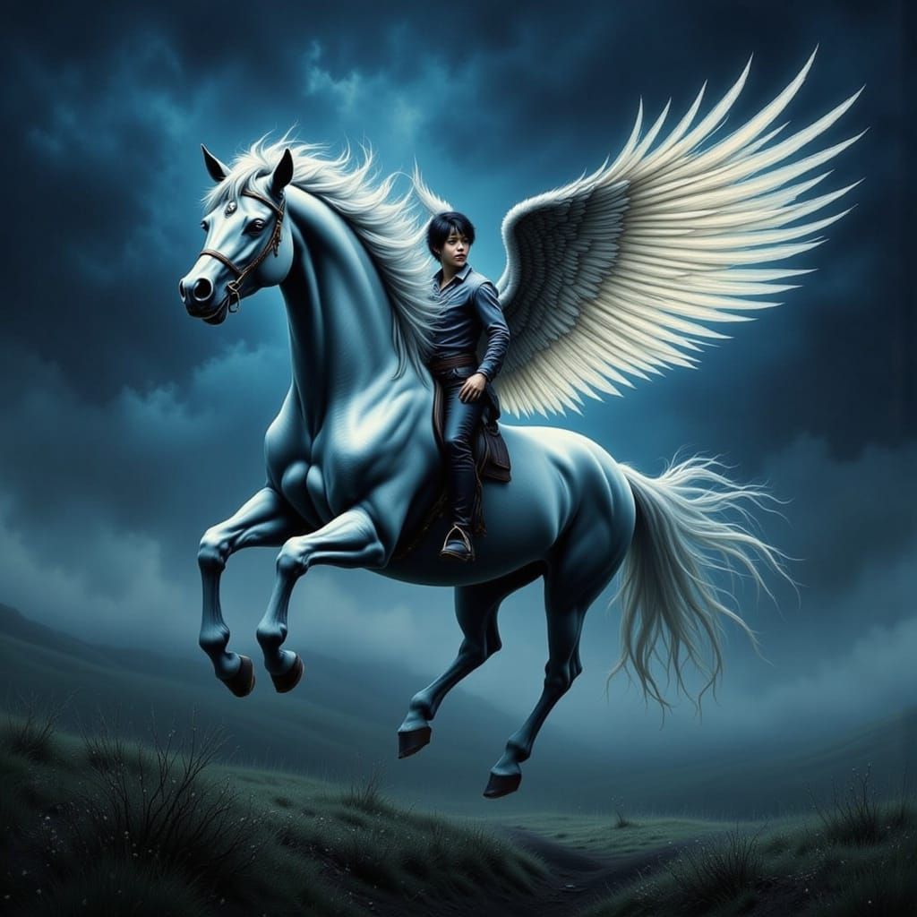 Winged Horse Soars Through Night Sky
