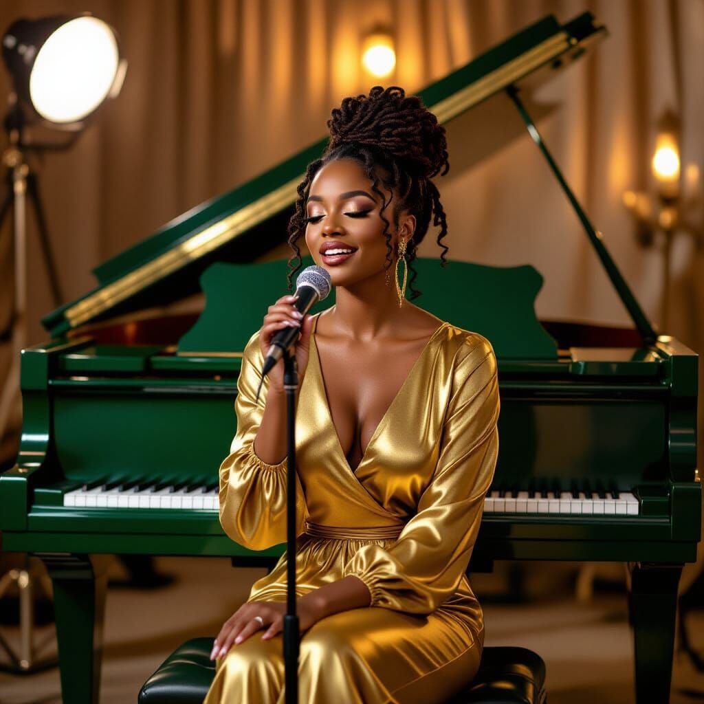 Lyra Noel Sings at Emerald Piano in Gold-Lit Studio