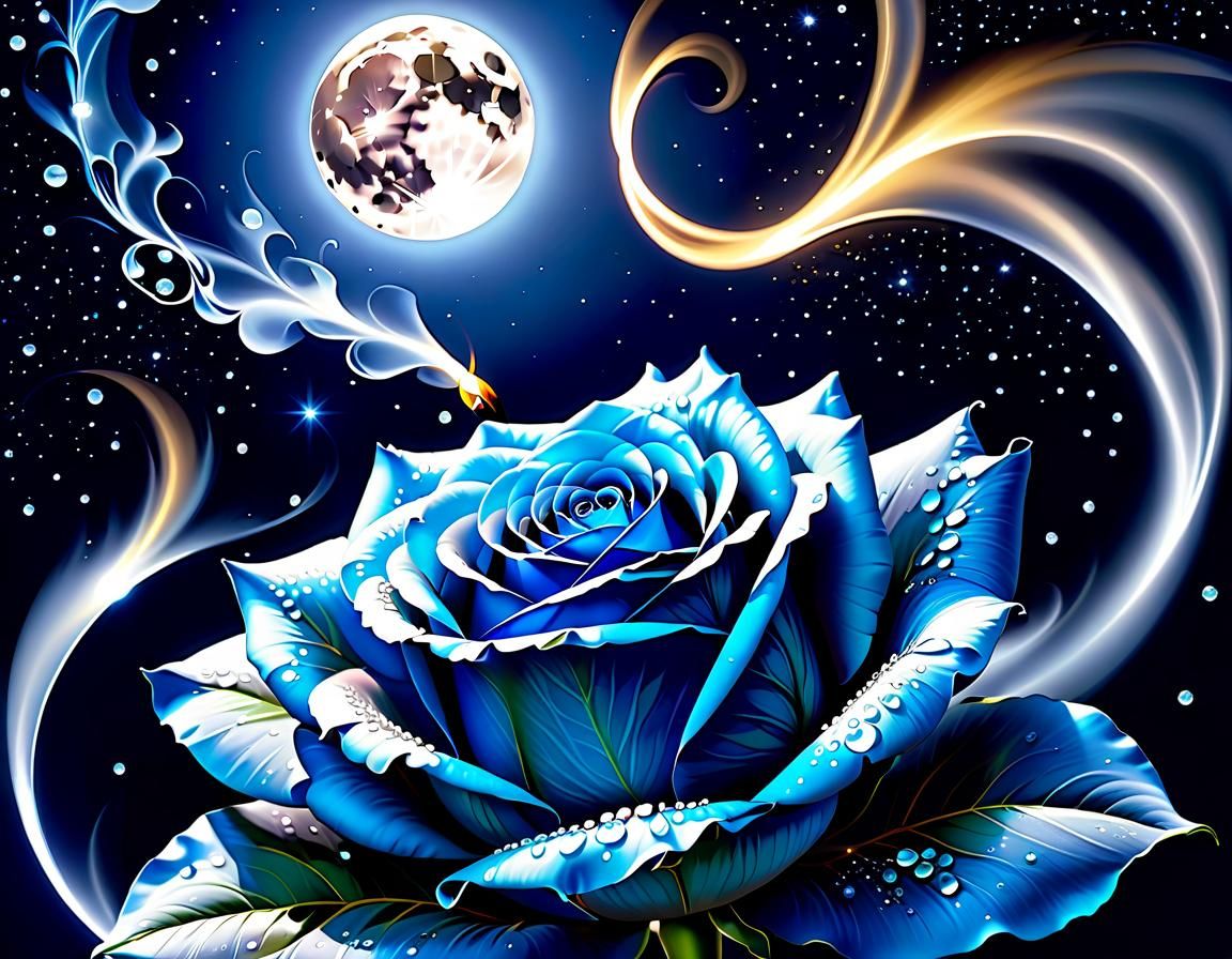 Luminous Blue Rose with Pearl Drops