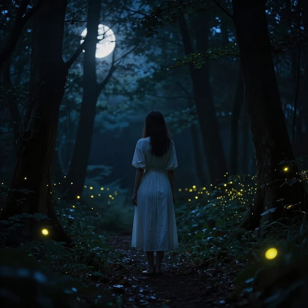 Alice in Ethereal Forest Under Moonlight