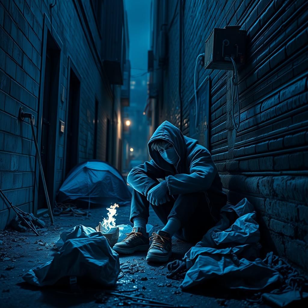 Monochromatic Portrait of Homeless Youth in Urban Alley