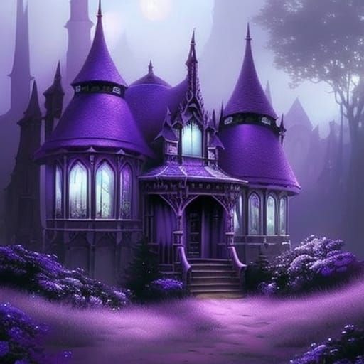 Gothic house with painted black with purple accents& ethereal gothic windows& gothic vibes& dark fantasy vibes& ethereal...