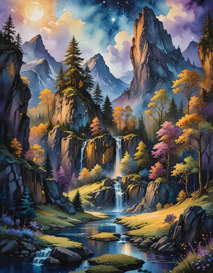 Galaxy Dripping into Moonlit Lake: Watercolor Painting