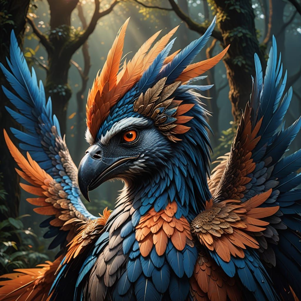 Mythical Yeti-Bird Hybrid with Iridescent Feathers