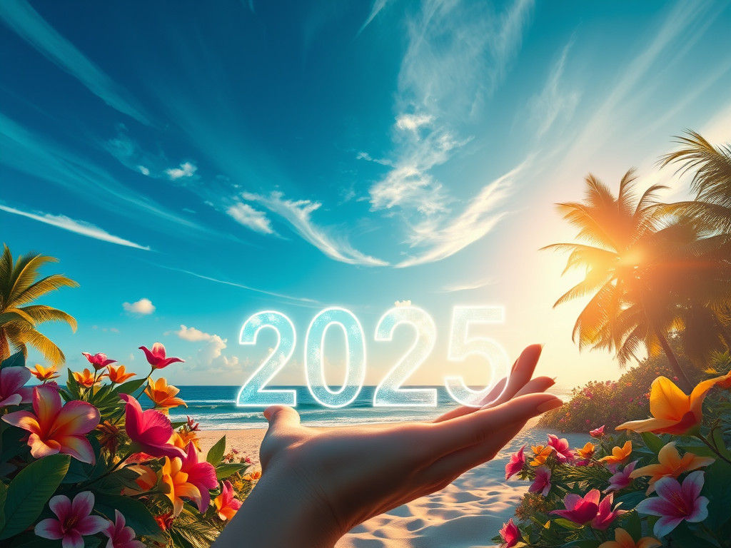 Ethereal Word 2025 on Tropical Beach, Fantasy Concept Art